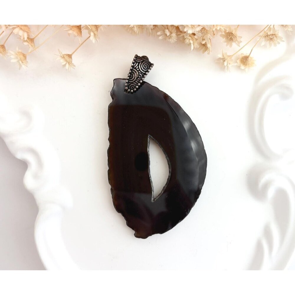 Rich Brown Sliced Agate Geode Crystal Freeform Silver Toned Vintage Pendant